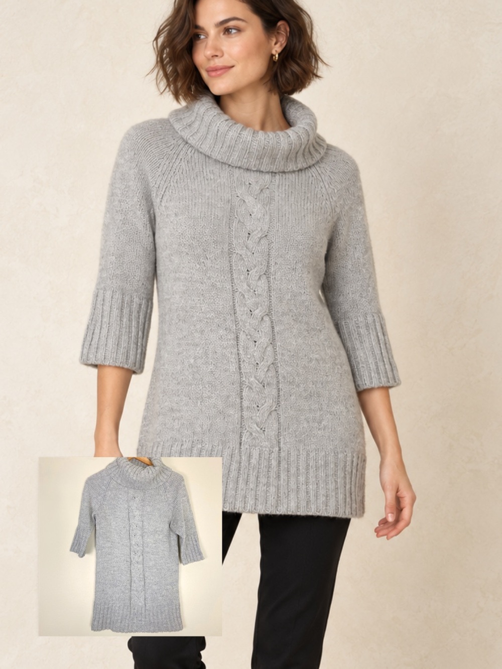 Gray Cable Knit Sweater Turtleneck. Cozy Fall Winter Tunic Mini Dress. Sz Small